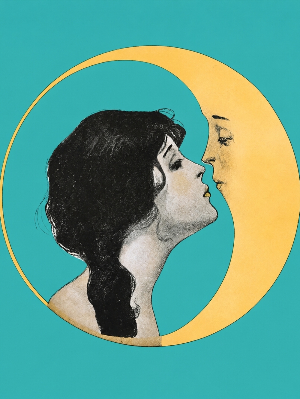 Vintage Moon & Woman Art Print - Teal & Gold 8.5x11